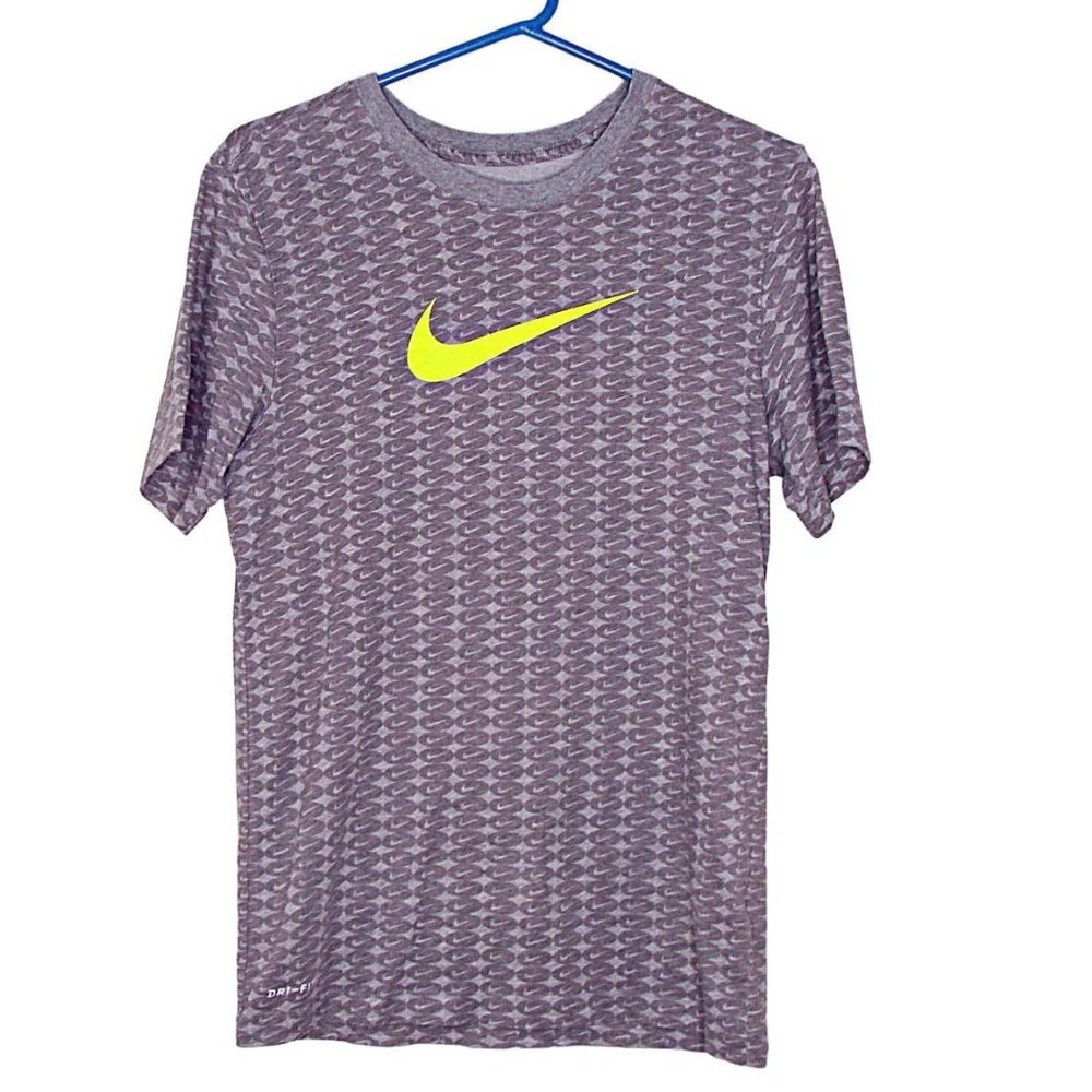 Nike All Over Logo Dri Fit The Nike Tee Athletic Short Sleeve T-Shirt Gray Sz Sm